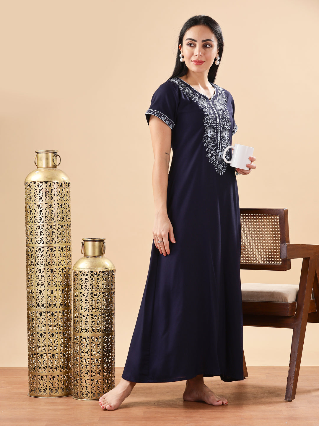 Trendy Midnight Blue Embroidered Floral Nighty for Women