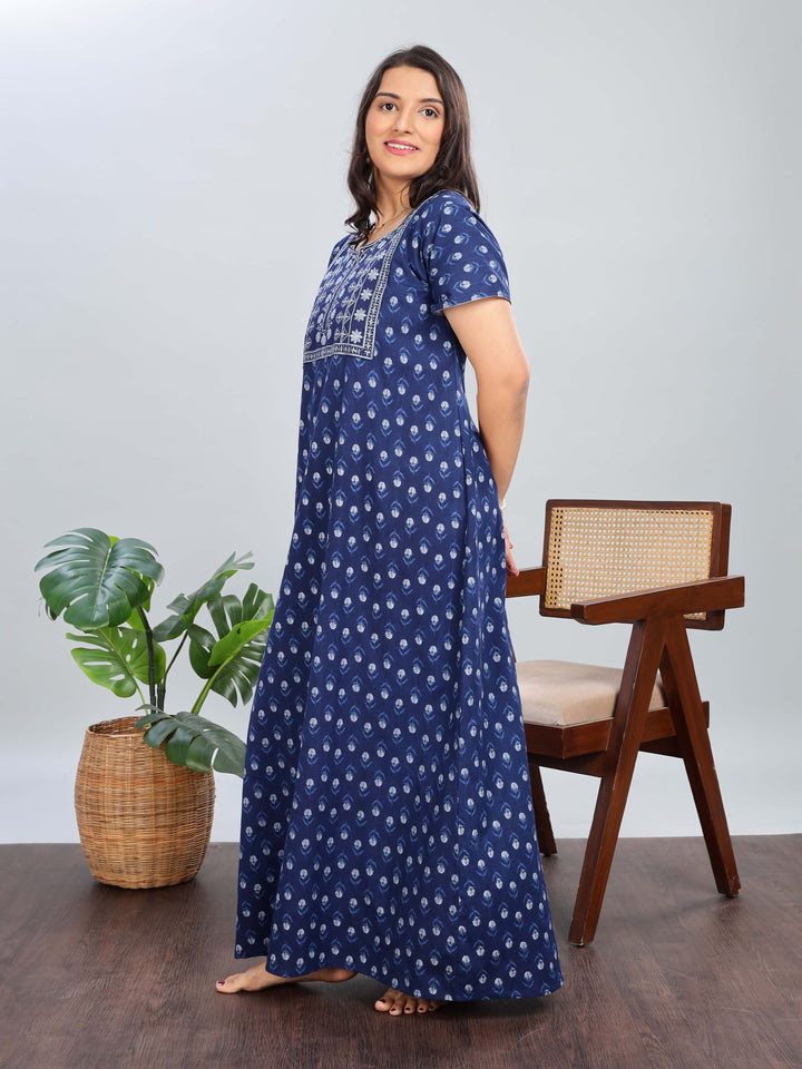 Embroidered Electric Blue Pure Cotton Nighty for Women