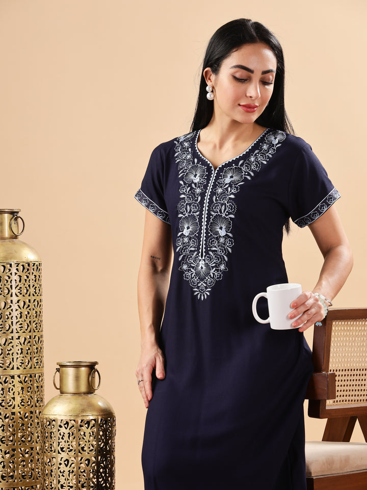 Trendy Midnight Blue Embroidered Floral Nighty for Women