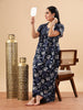 Floral Blue Maxi Nightdress with Embroidery and Front Button Closure