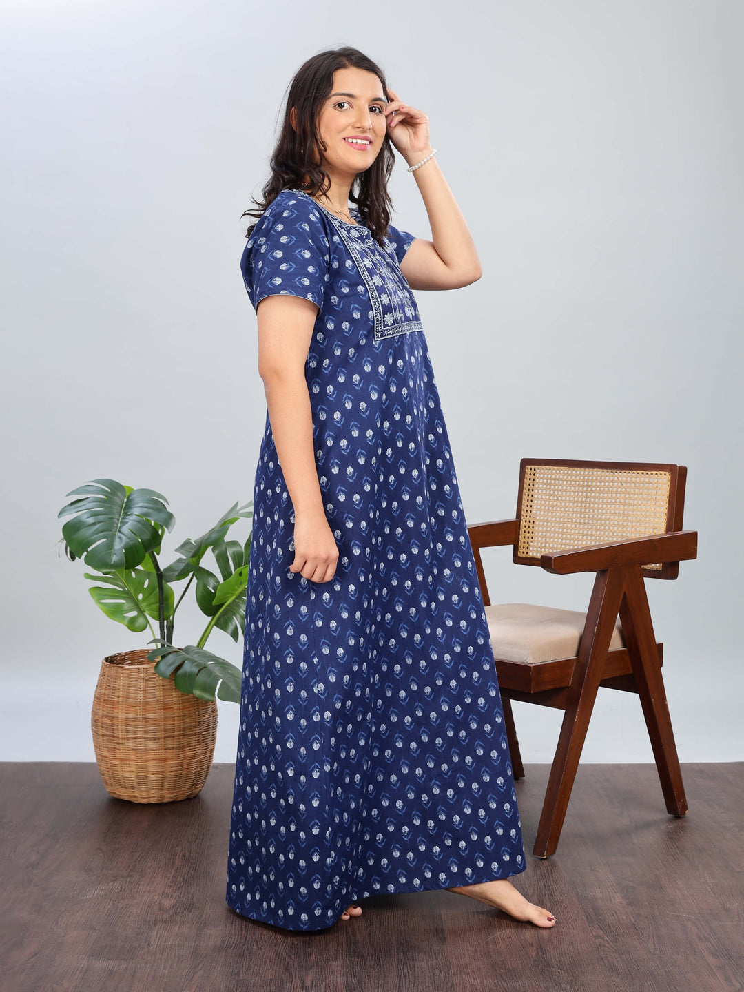 Embroidered Electric Blue Pure Cotton Nighty for Women