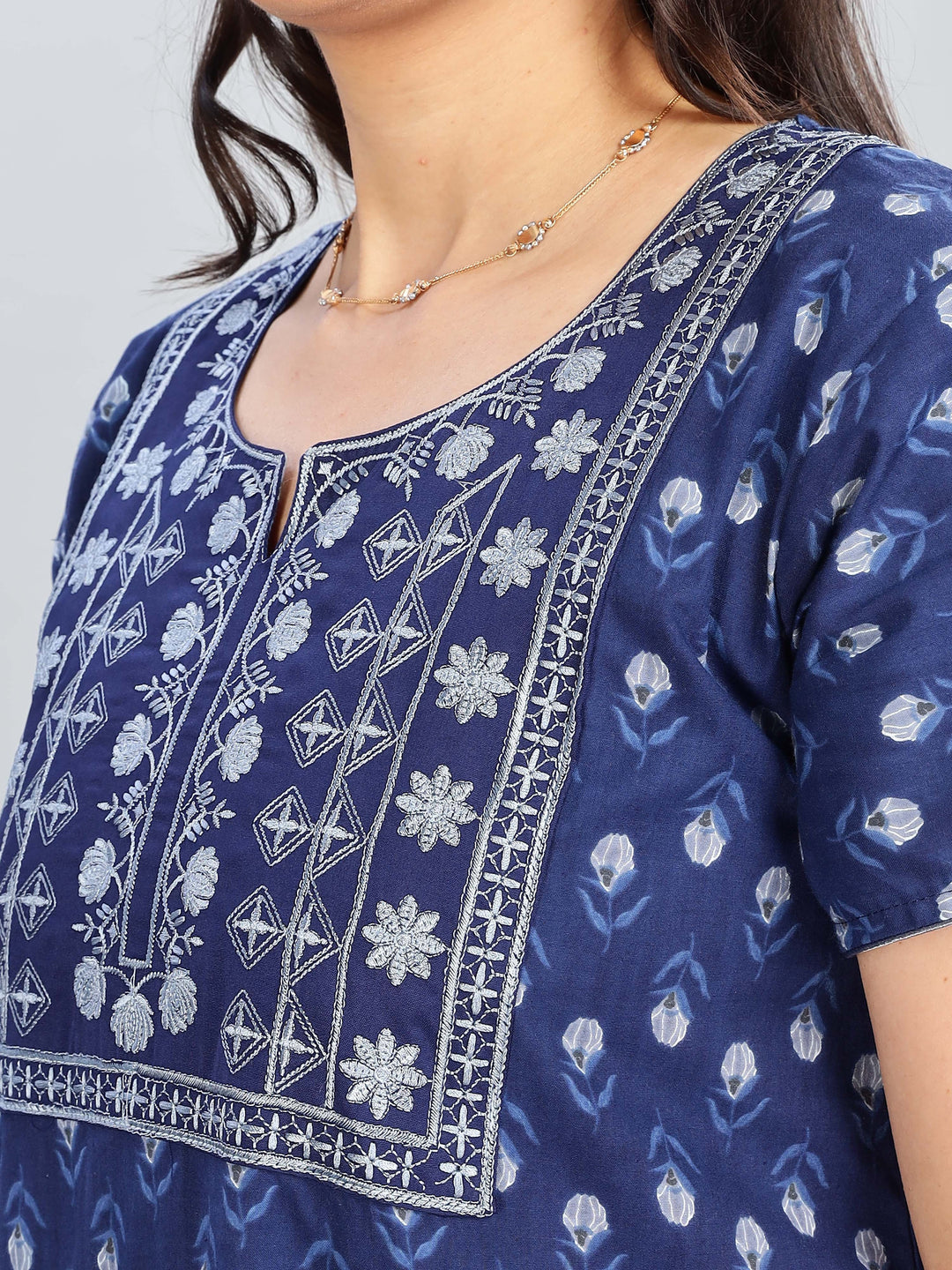 Embroidered Electric Blue Pure Cotton Nighty for Women