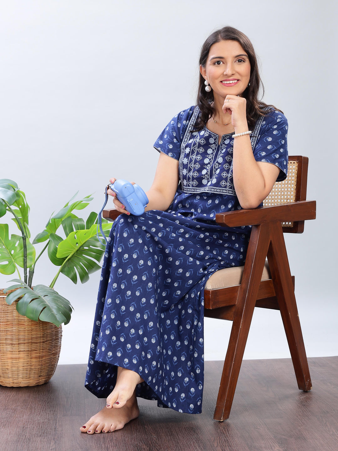 Embroidered Electric Blue Pure Cotton Nighty for Women