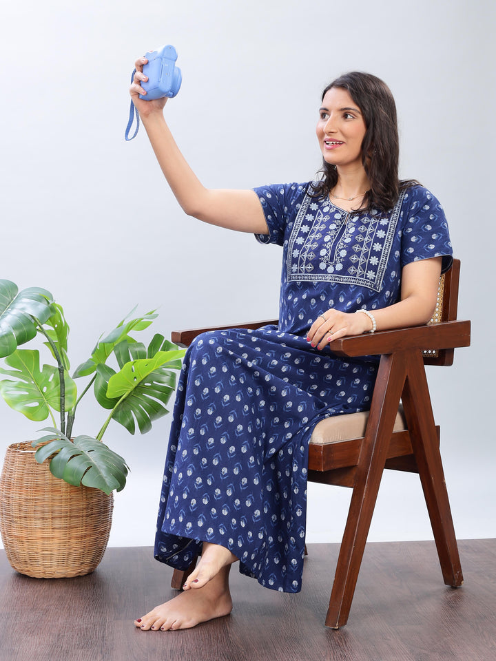 Embroidered Electric Blue Pure Cotton Nighty for Women