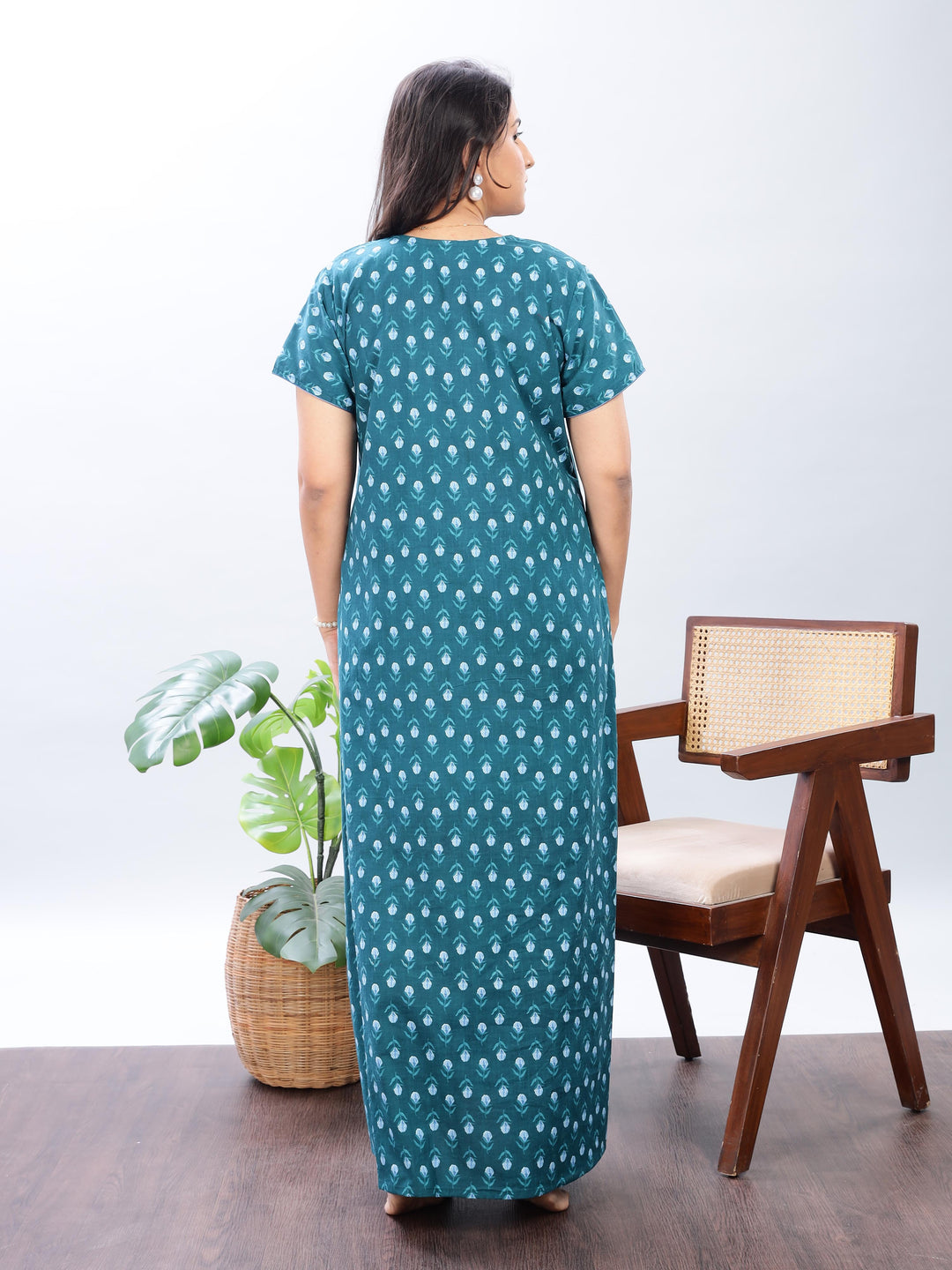 Green Floral Print Pure Cotton Nighty For Women