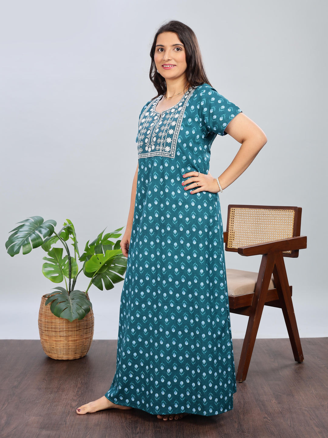 Green Floral Print Pure Cotton Nighty For Women