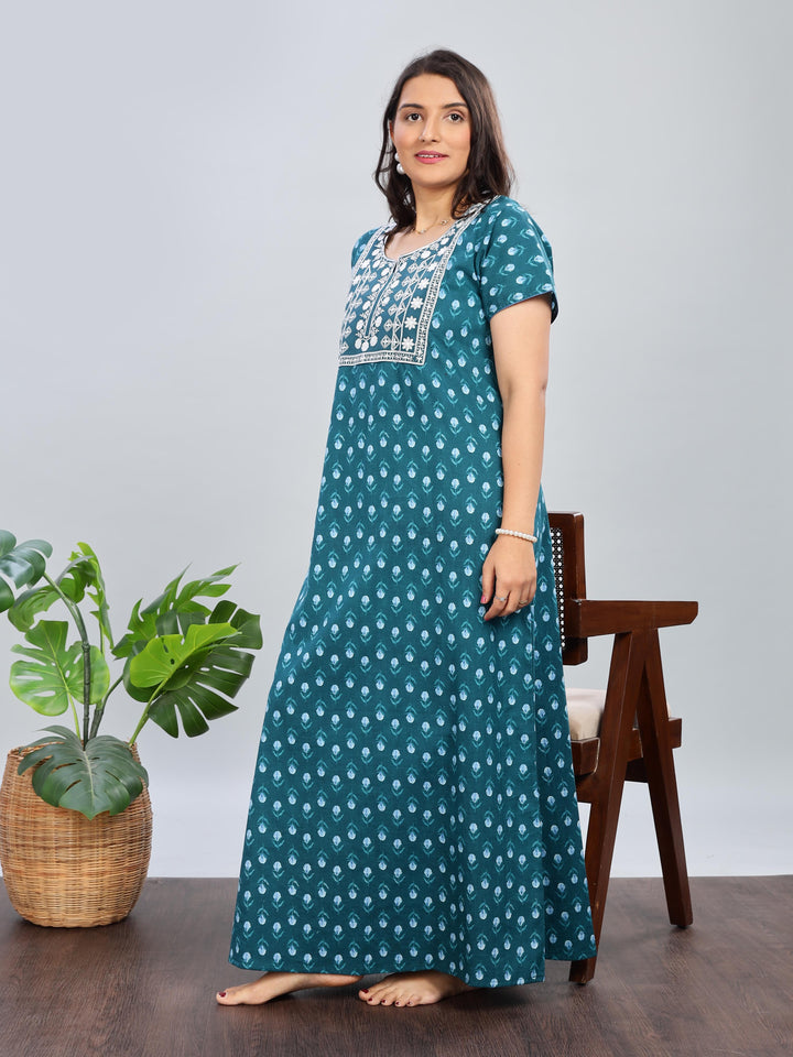 Green Floral Print Pure Cotton Nighty For Women