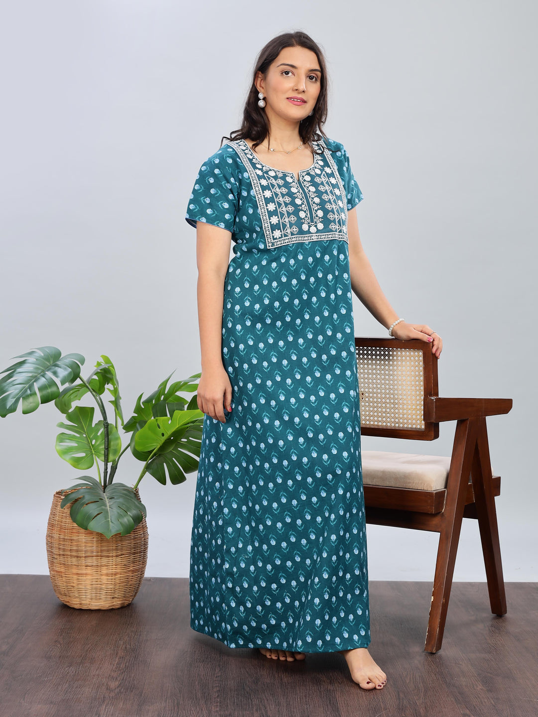 Green Floral Print Pure Cotton Nighty For Women