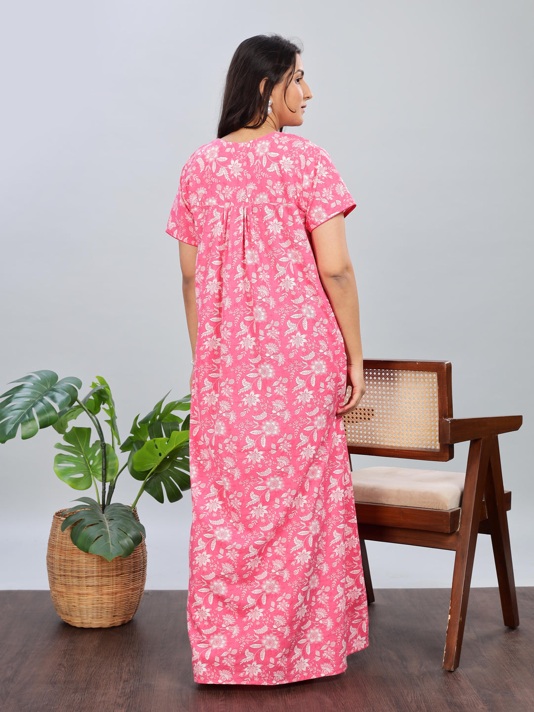 Pink Printed Cotton Nighty for Women Full Length