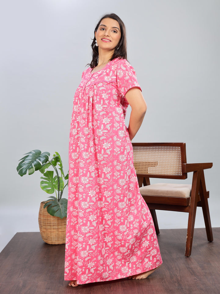 Pink Printed Cotton Nighty for Women Full Length