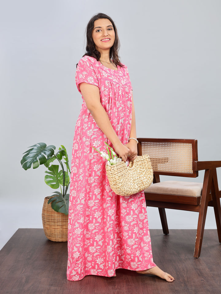 Pink Printed Cotton Nighty for Women Full Length