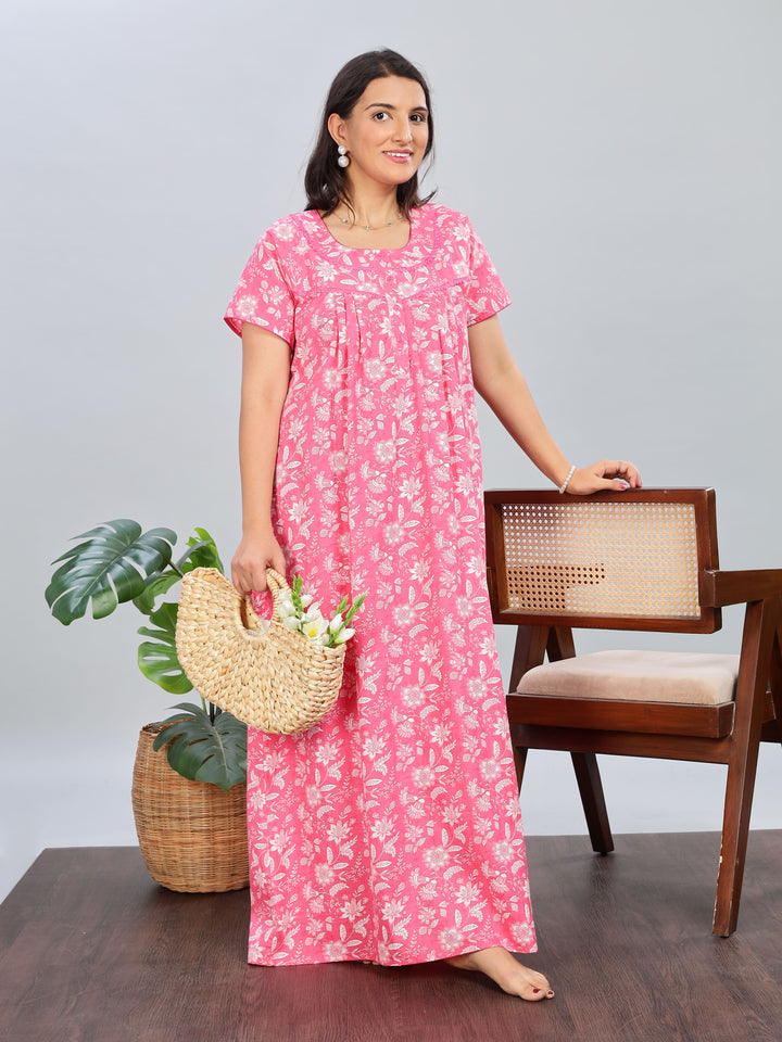 Pink Printed Cotton Nighty for Women Full Length