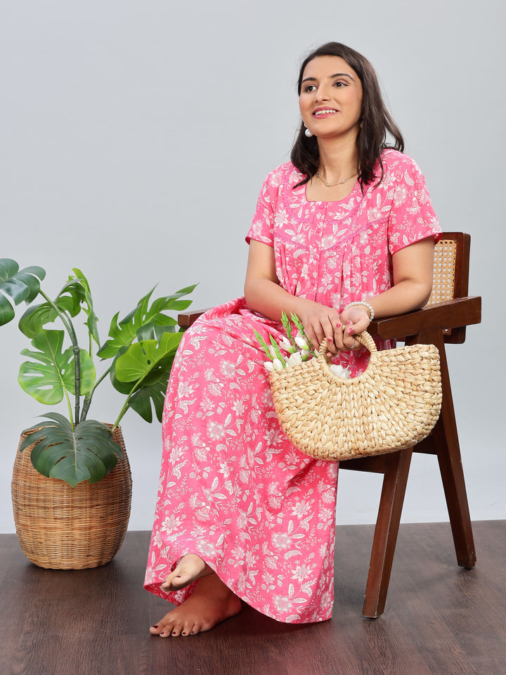 Pink Printed Cotton Nighty for Women Full Length