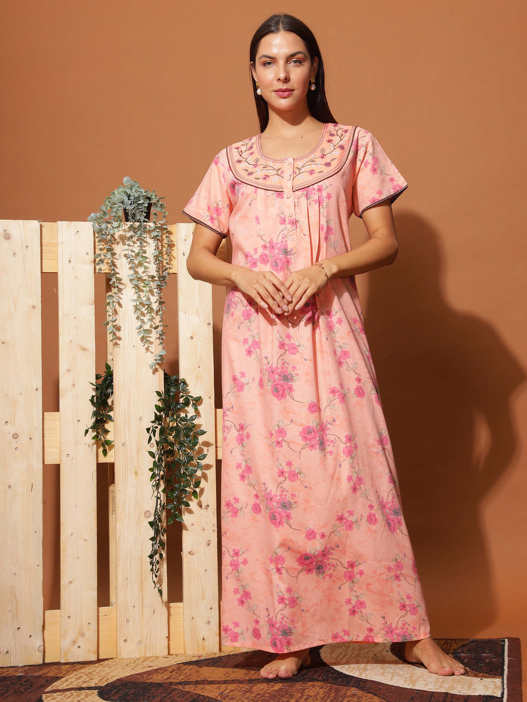  Poly Viscose Nighty  Elegant Peach Pink Floral Maxi Nighty with Front Buttons & Pocket- 9shines label 