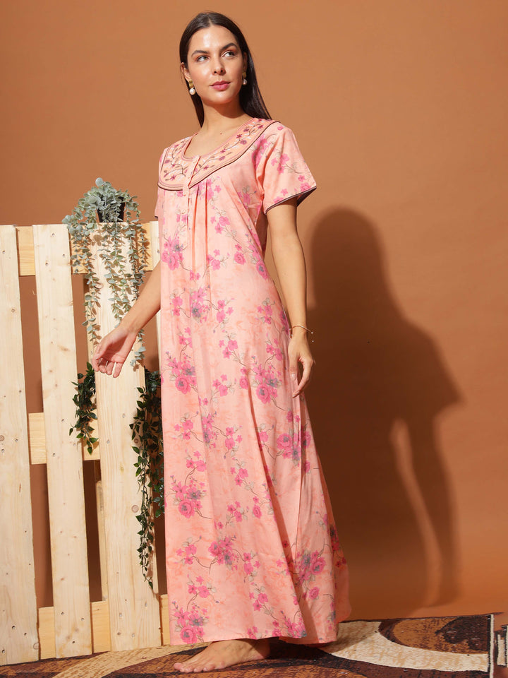  Poly Viscose Nighty  Elegant Peach Pink Floral Maxi Nighty with Front Buttons & Pocket- 9shines label 