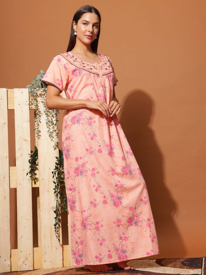  Poly Viscose Nighty  Elegant Peach Pink Floral Maxi Nighty with Front Buttons & Pocket- 9shines label 