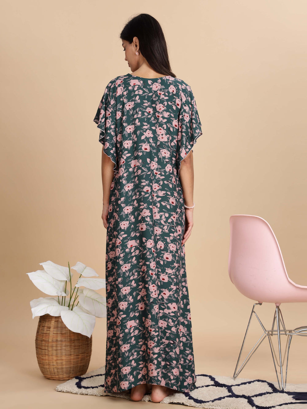 Premium Green Floral Rayon Nightdress for Women