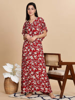 Red Floral Print Rayon Maxi Nightdress with a Stylish A Line Fit