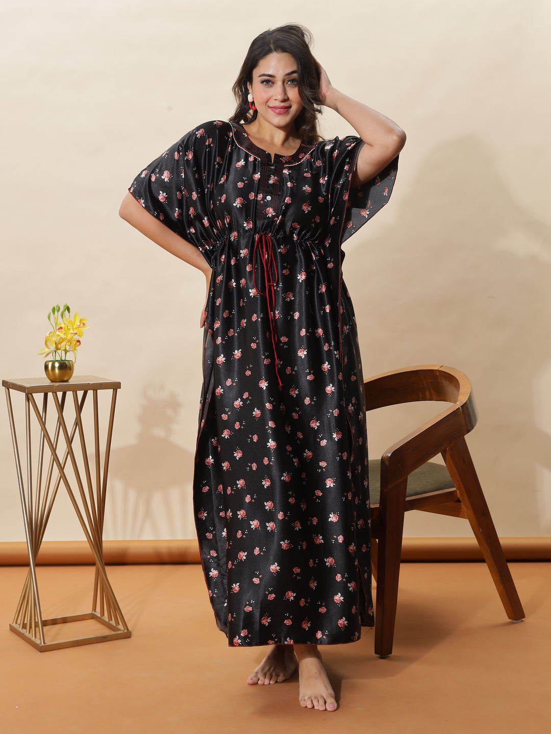 Black Satin Kaftan Nightgown for Elegant Comfort