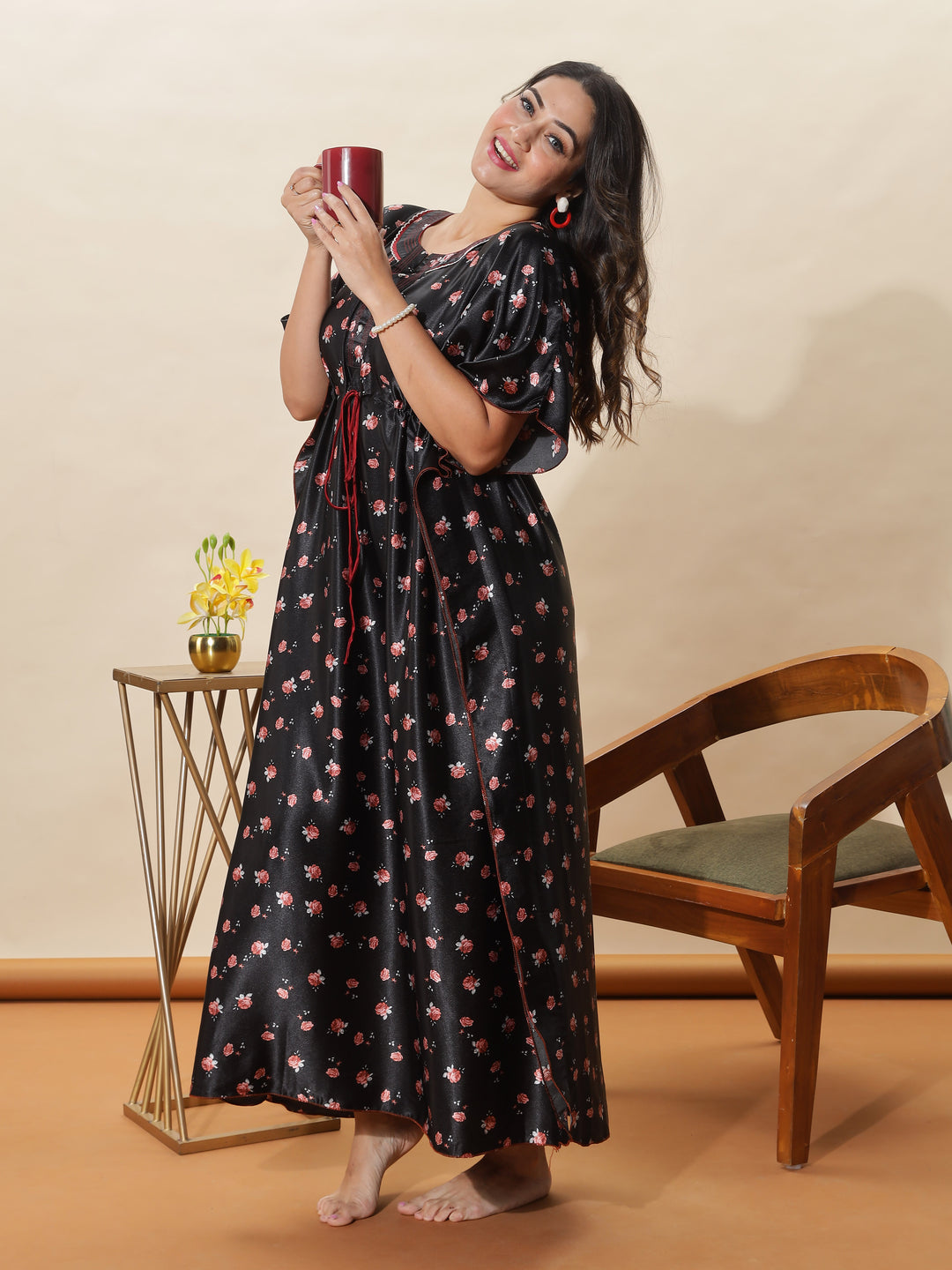 Black Satin Kaftan Nightgown for Elegant Comfort