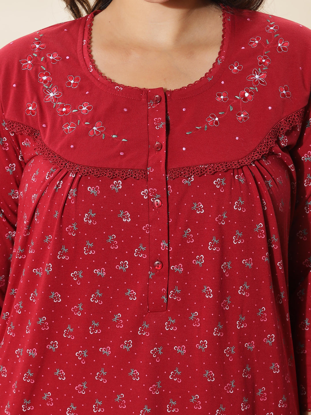 Stylish Red Floral Nighty For Women At Great Prize