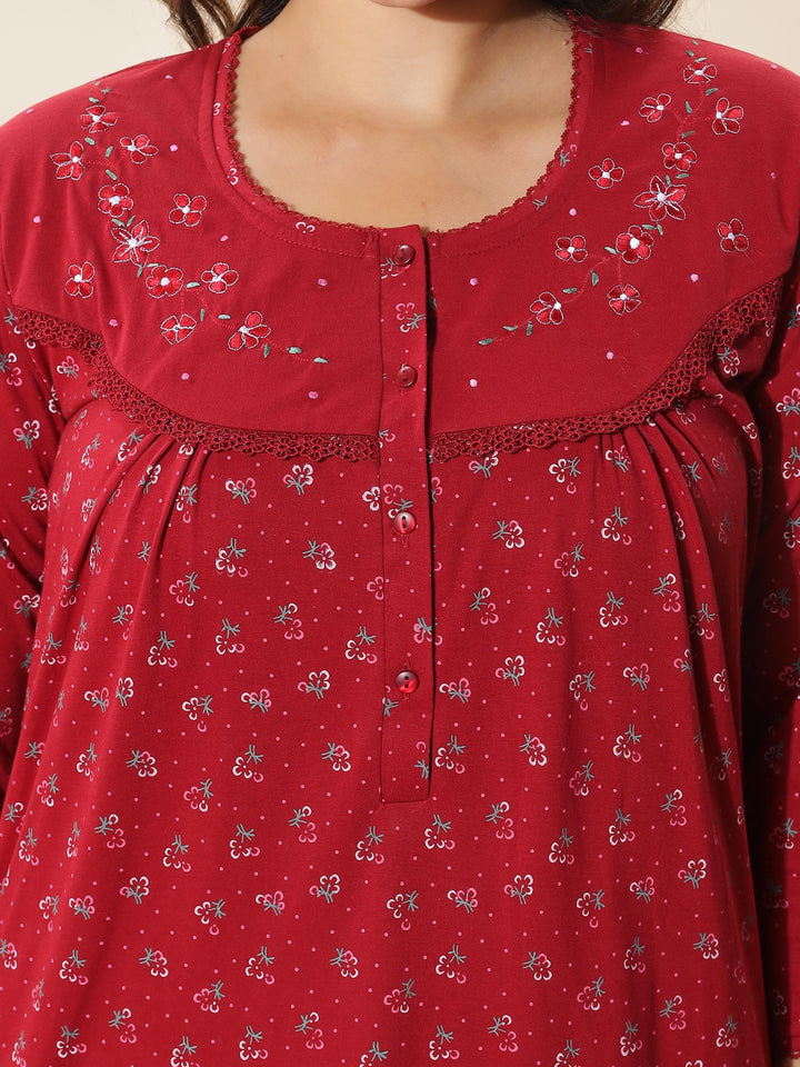 Stylish Red Floral Nighty For Women At Great Prize