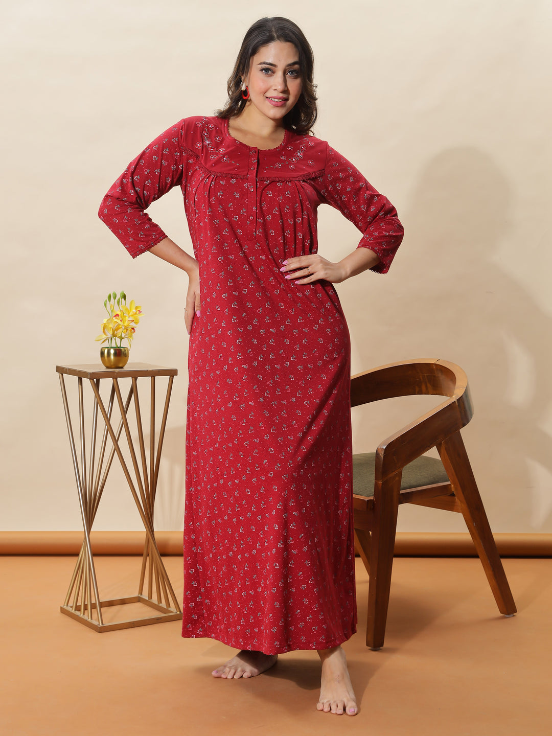 Stylish Red Floral Nighty For Women At Great Prize