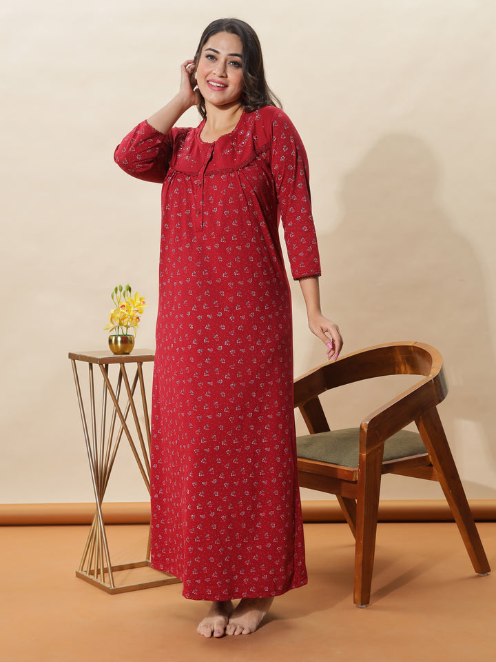 Stylish Red Floral Nighty For Women At Great Prize