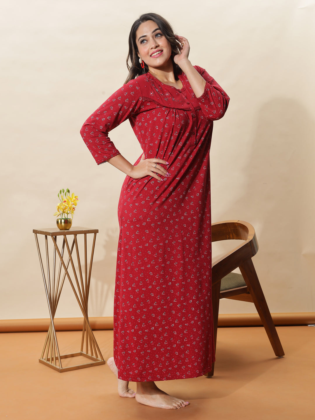 Stylish Red Floral Nighty For Women At Great Prize