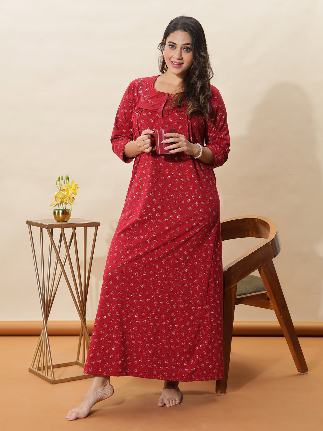 Stylish Red Floral Nighty For Women At Great Prize