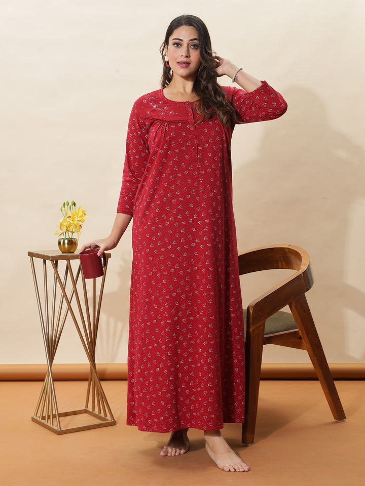 Stylish Red Floral Nighty For Women At Great Prize