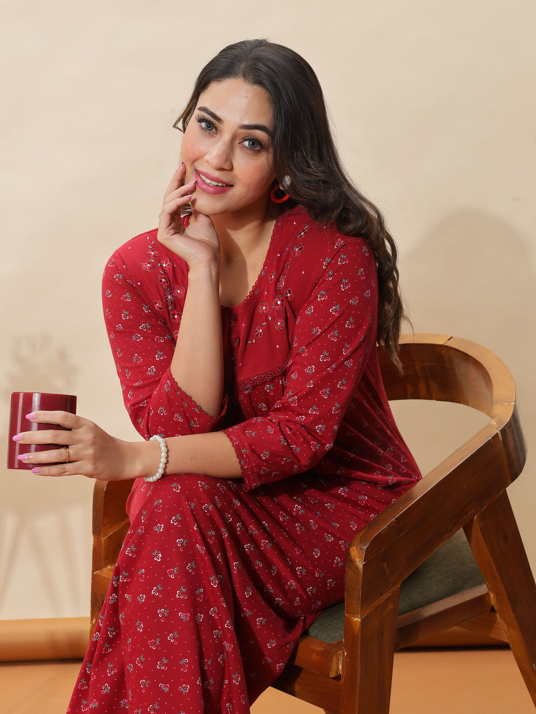 Stylish Red Floral Nighty For Women At Great Prize