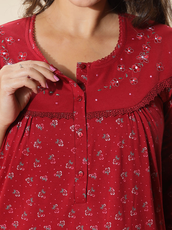 Stylish Red Floral Nighty For Women At Great Prize