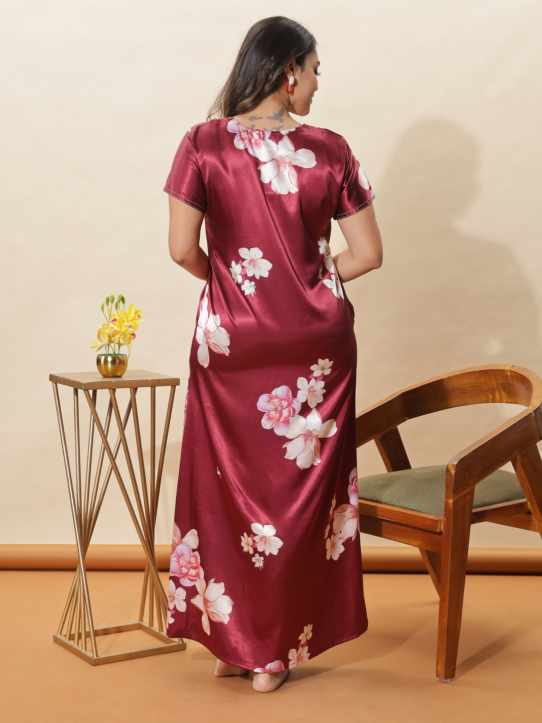 Stylish Dark Red Satin Nighty with Elegant Floral Design