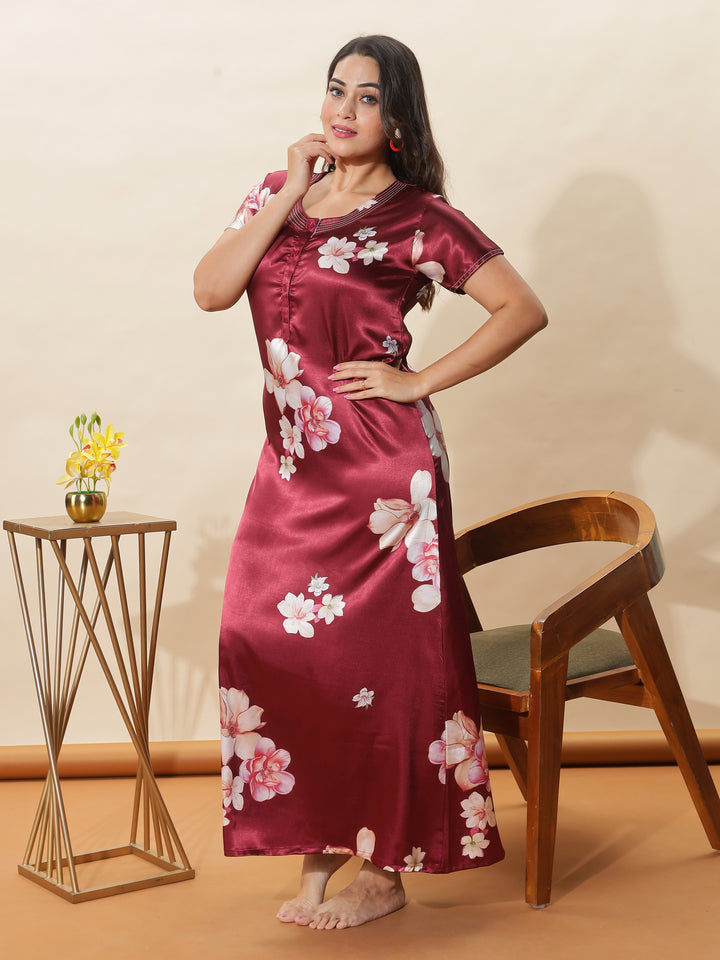 Stylish Dark Red Satin Nighty with Elegant Floral Design