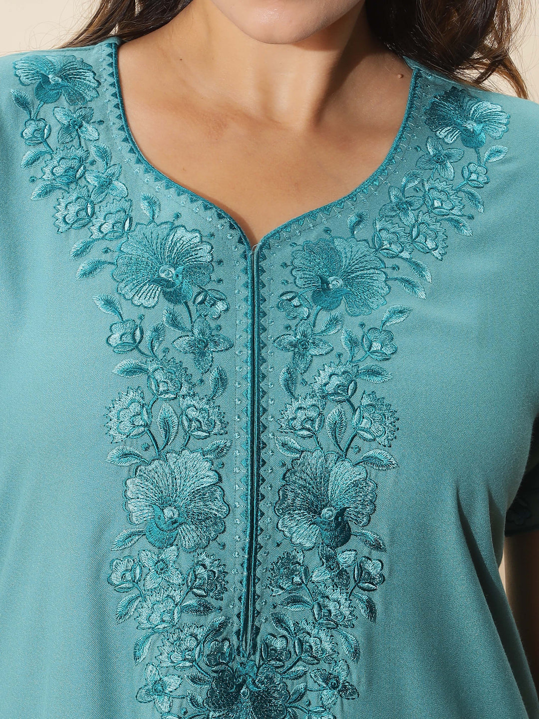 Sea Glass Embroidered Alpine Nighty for Women With Graceful Comfort