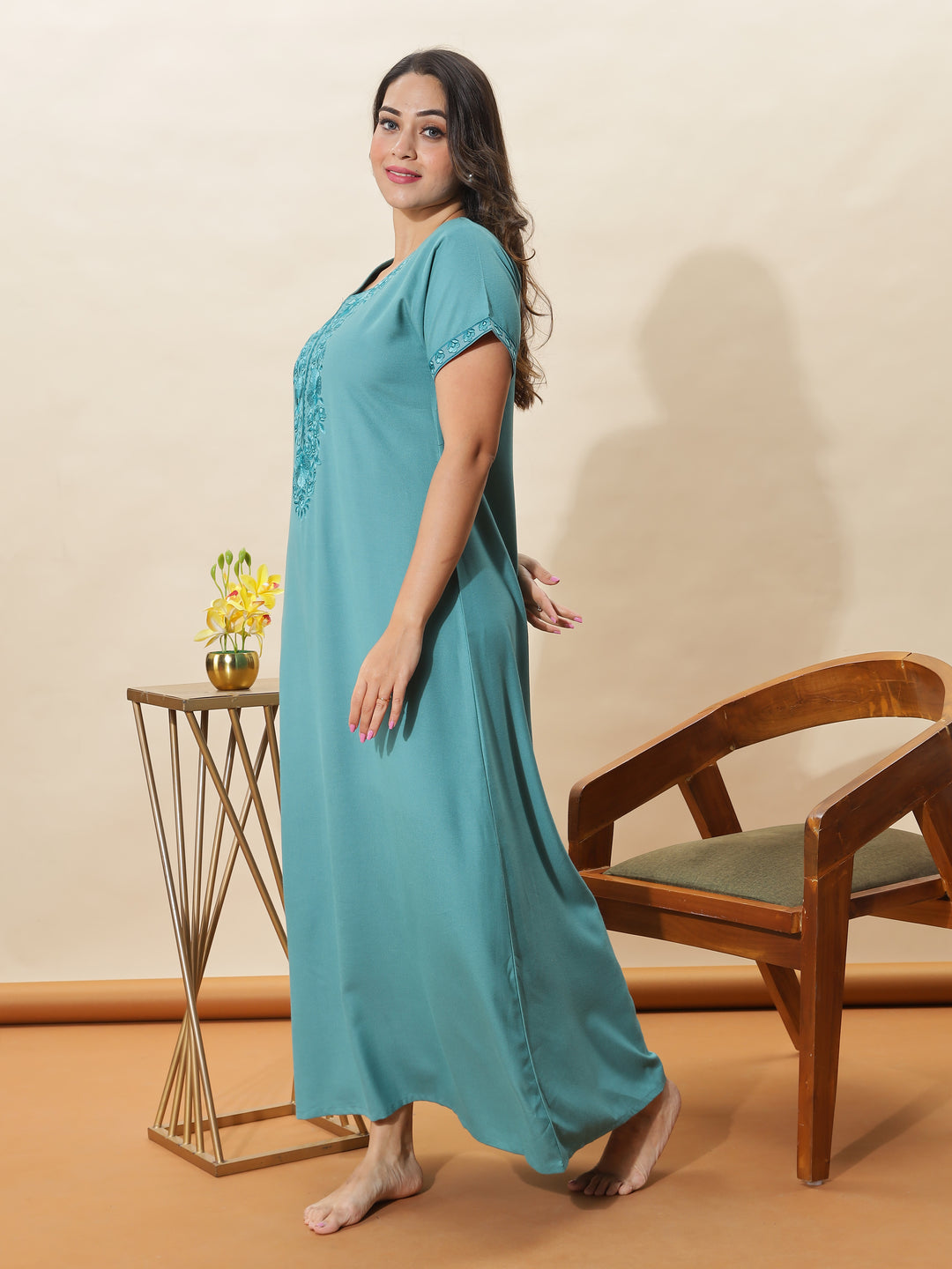 Sea Glass Embroidered Alpine Nighty for Women With Graceful Comfort