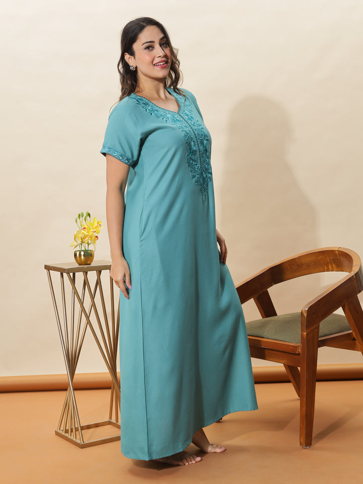 Sea Glass Embroidered Alpine Nighty for Women With Graceful Comfort