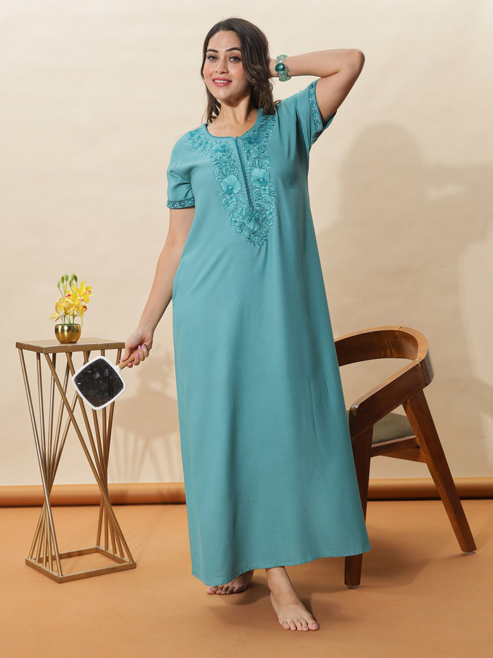 Sea Glass Embroidered Alpine Nighty for Women With Graceful Comfort