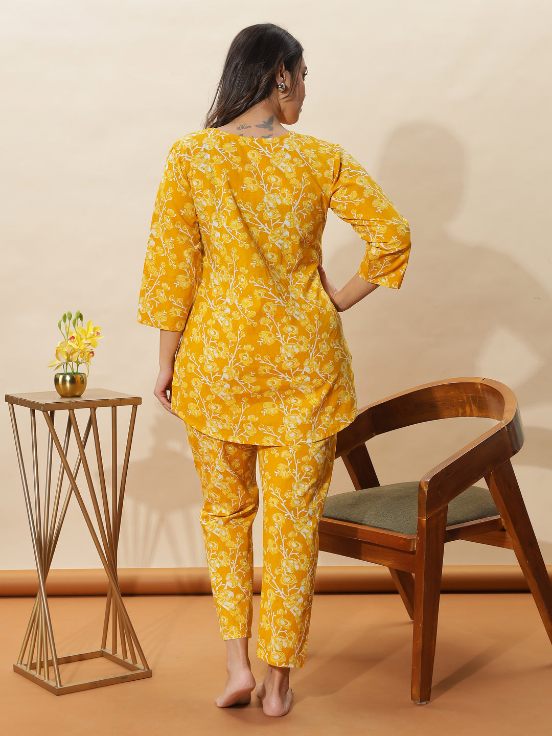 Mustard Yellow Floral Cotton Pyjama Set for Women Cozy & Chic Nightwear