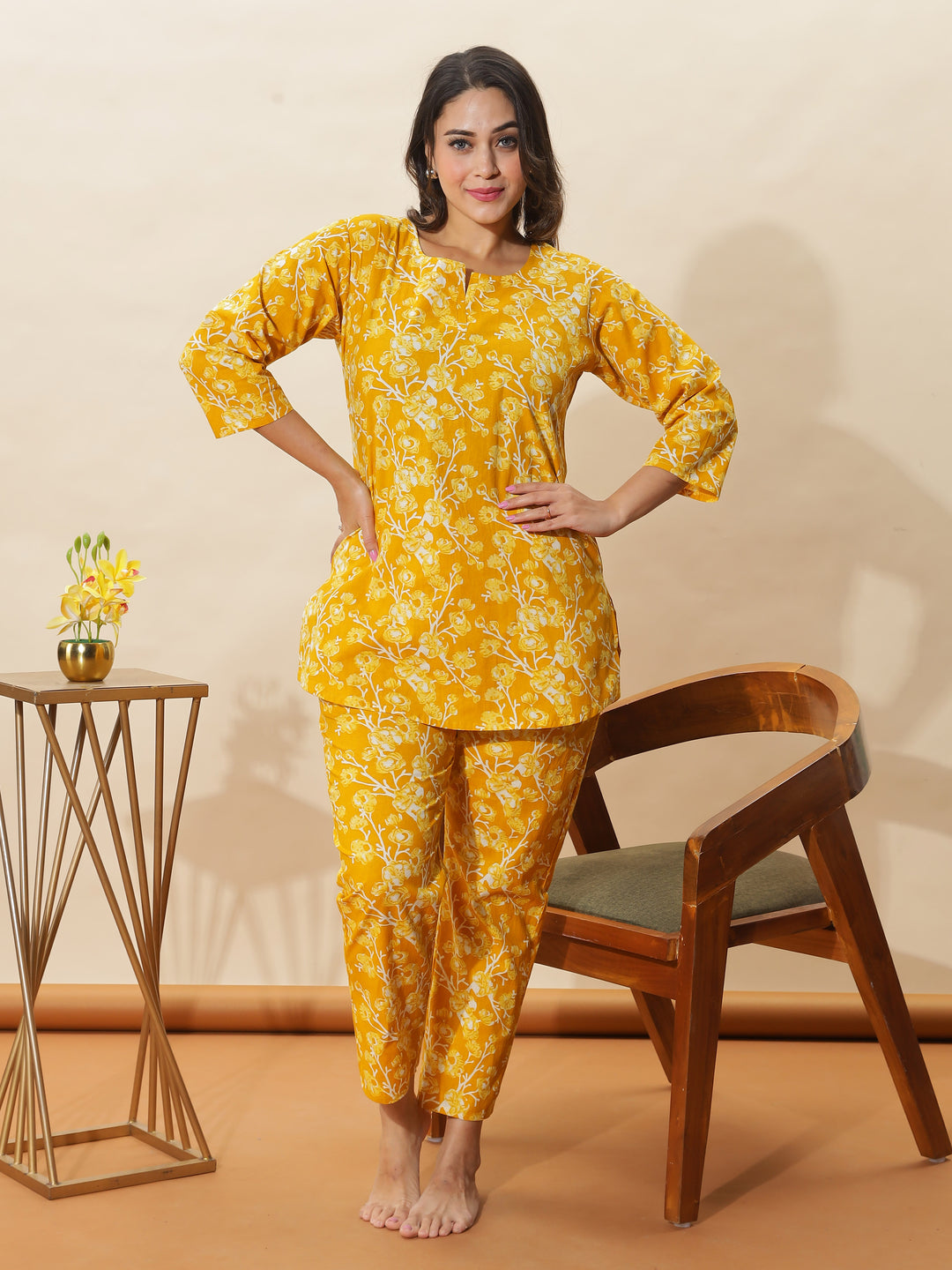 Mustard Yellow Floral Cotton Pyjama Set for Women Cozy & Chic Nightwear