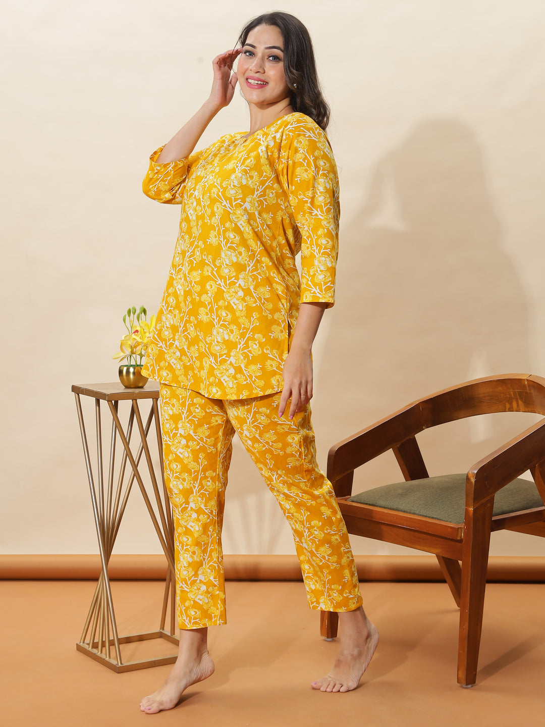 Mustard Yellow Floral Cotton Pyjama Set for Women Cozy & Chic Nightwear