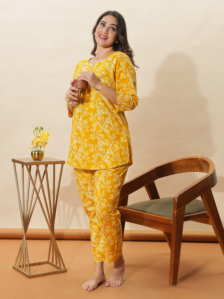 Mustard Yellow Floral Cotton Pyjama Set for Women Cozy & Chic Nightwear