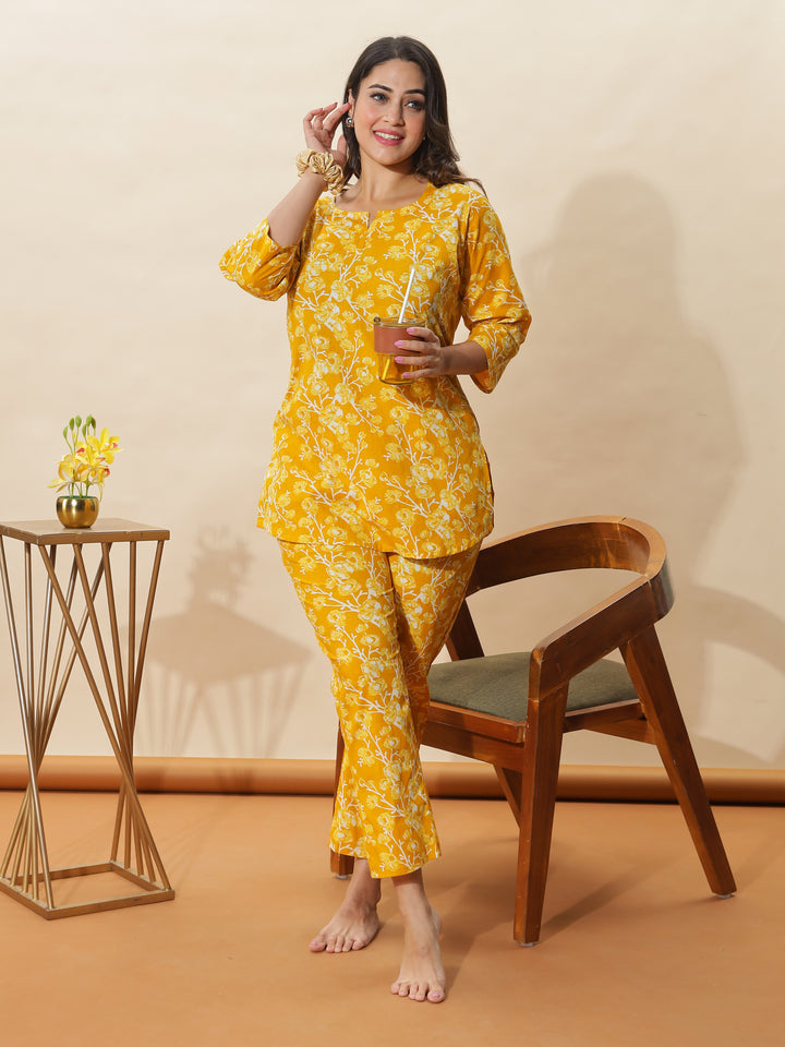 Mustard Yellow Floral Cotton Pyjama Set for Women Cozy & Chic Nightwear