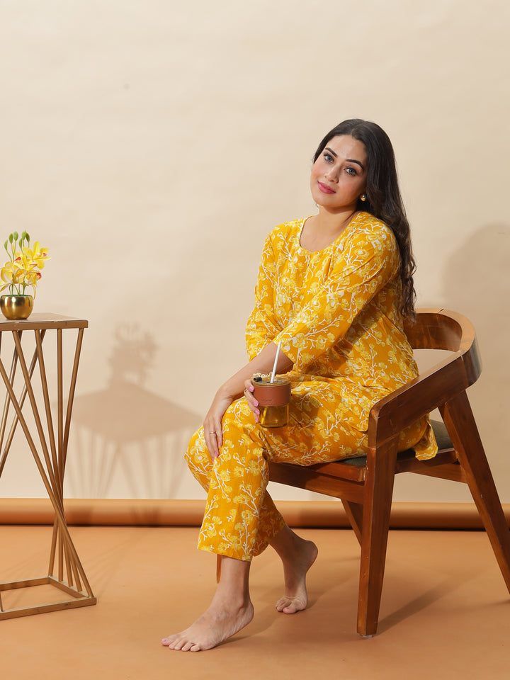 Mustard Yellow Floral Cotton Pyjama Set for Women Cozy & Chic Nightwear