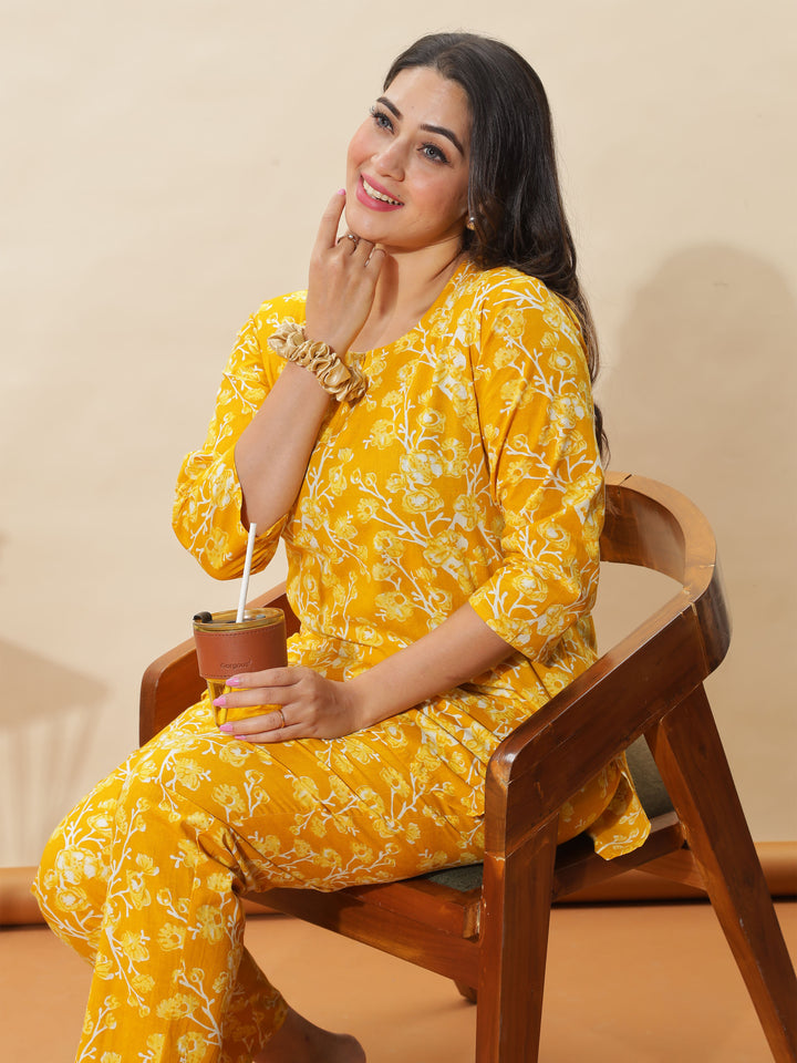 Mustard Yellow Floral Cotton Pyjama Set for Women Cozy & Chic Nightwear