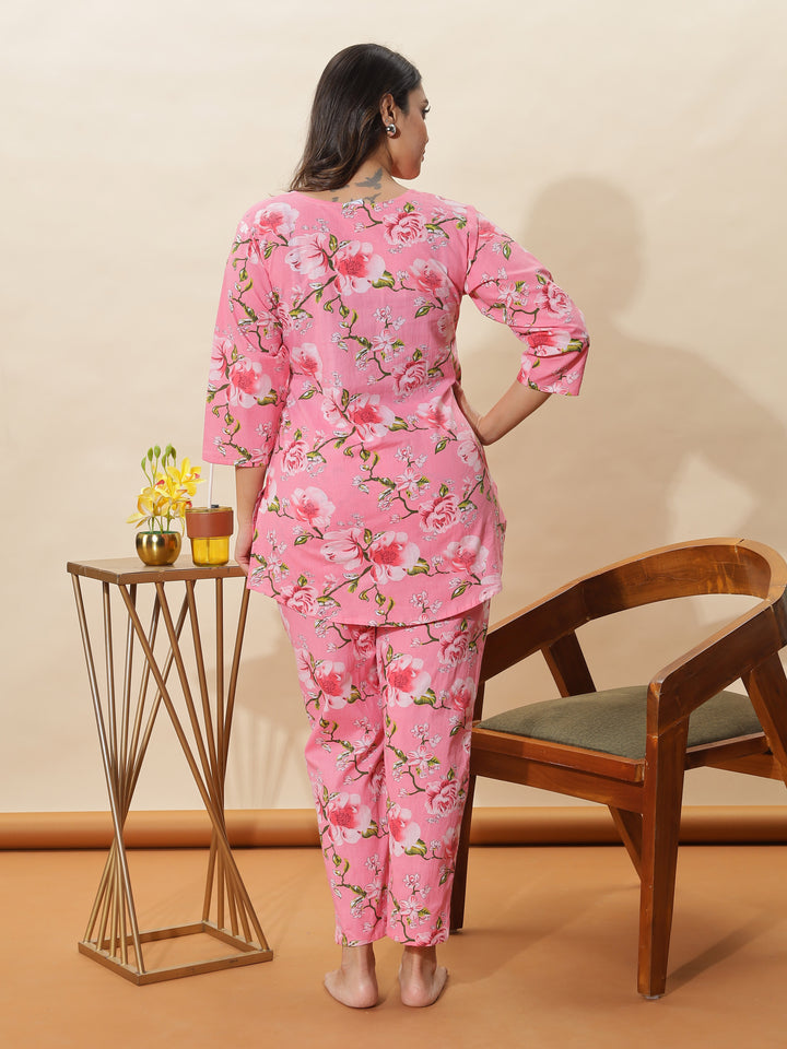 Elegant Lace Pink Floral Cotton Women's Pyjama Set 