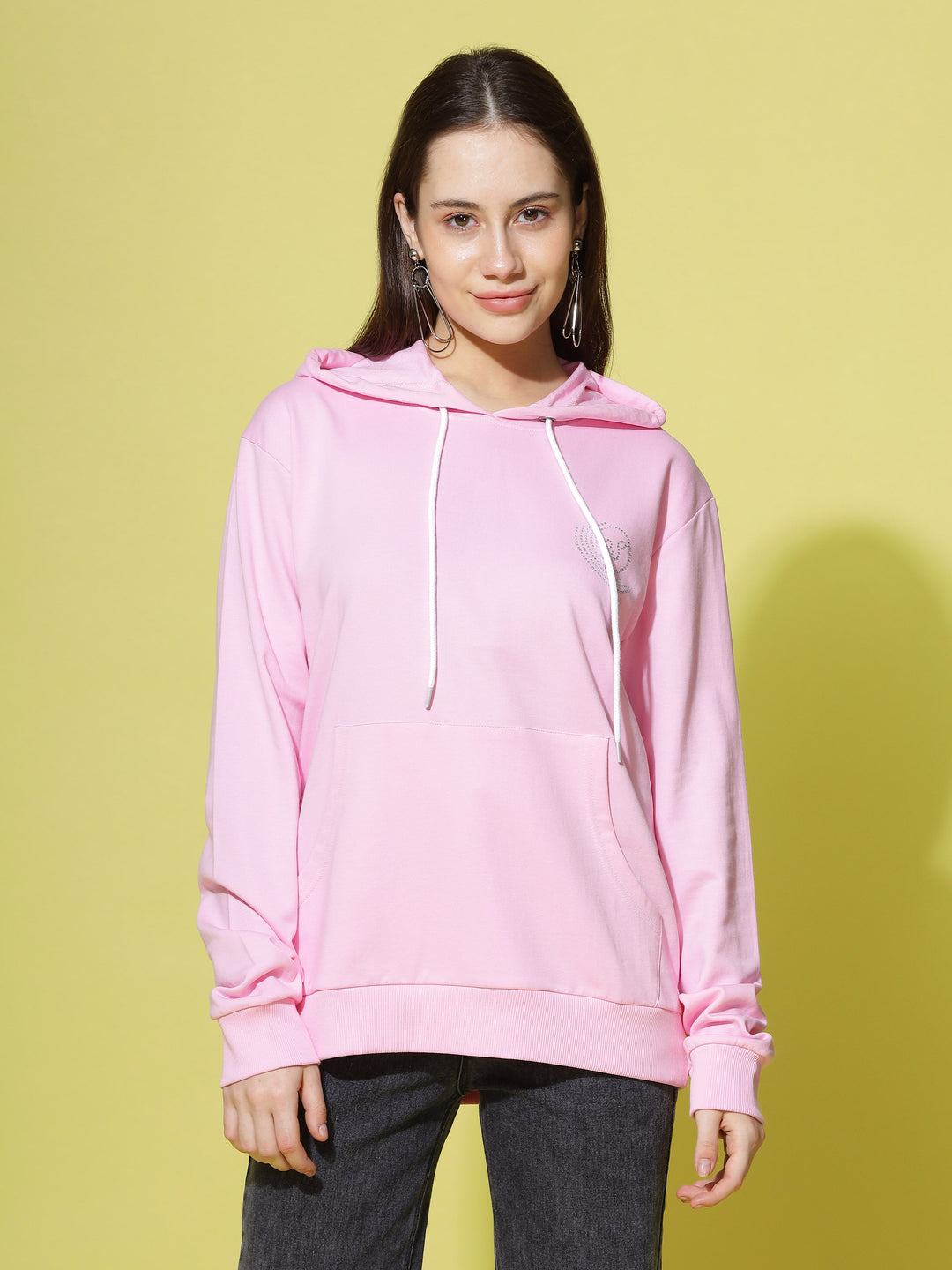 Stylish Hosiery Cotton Baby Pink Hoodie for Women 