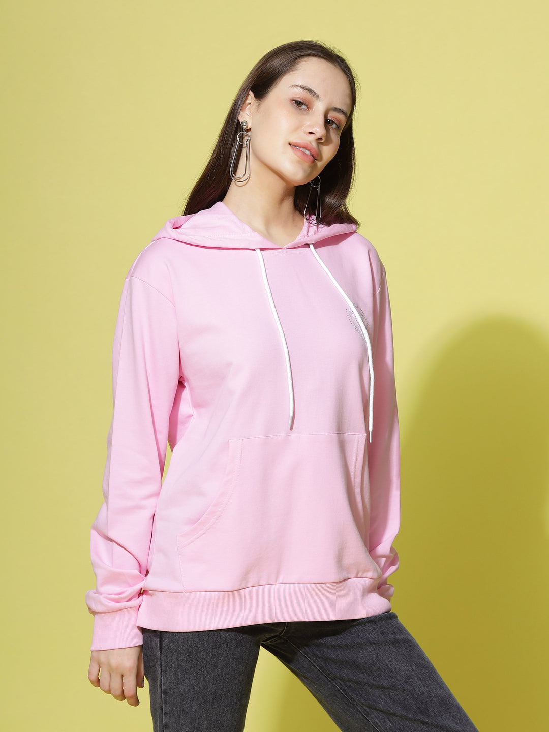 Stylish Hosiery Cotton Baby Pink Hoodie for Women 