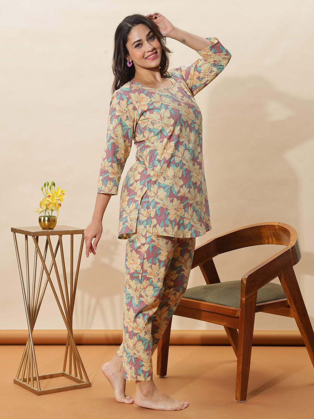 Light Mauve Floral Cotton Pajama Set for Women With Comfortable & Stylish